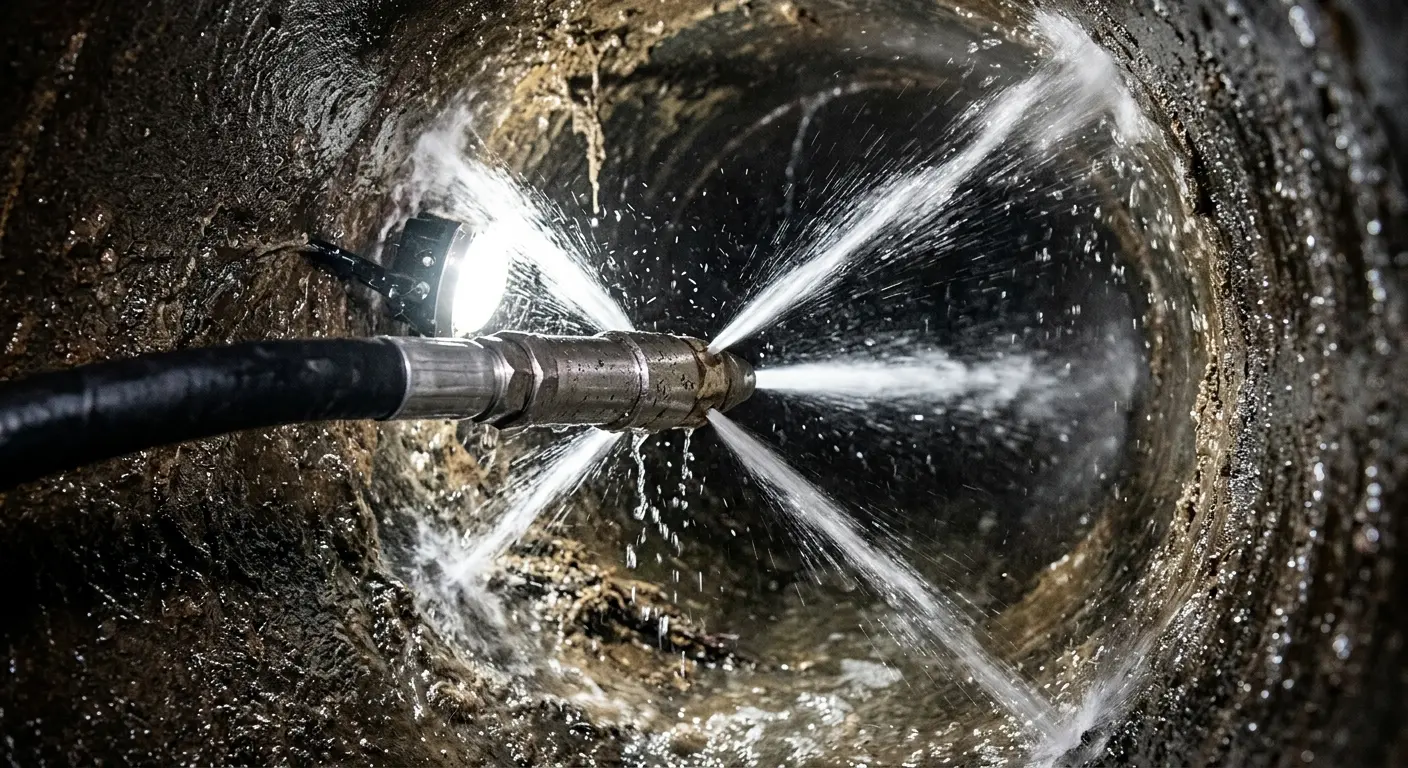 High-pressure hydro jetting nozzle cleaning sewer pipe for Trenchless Sewer Repair in Elkhorn