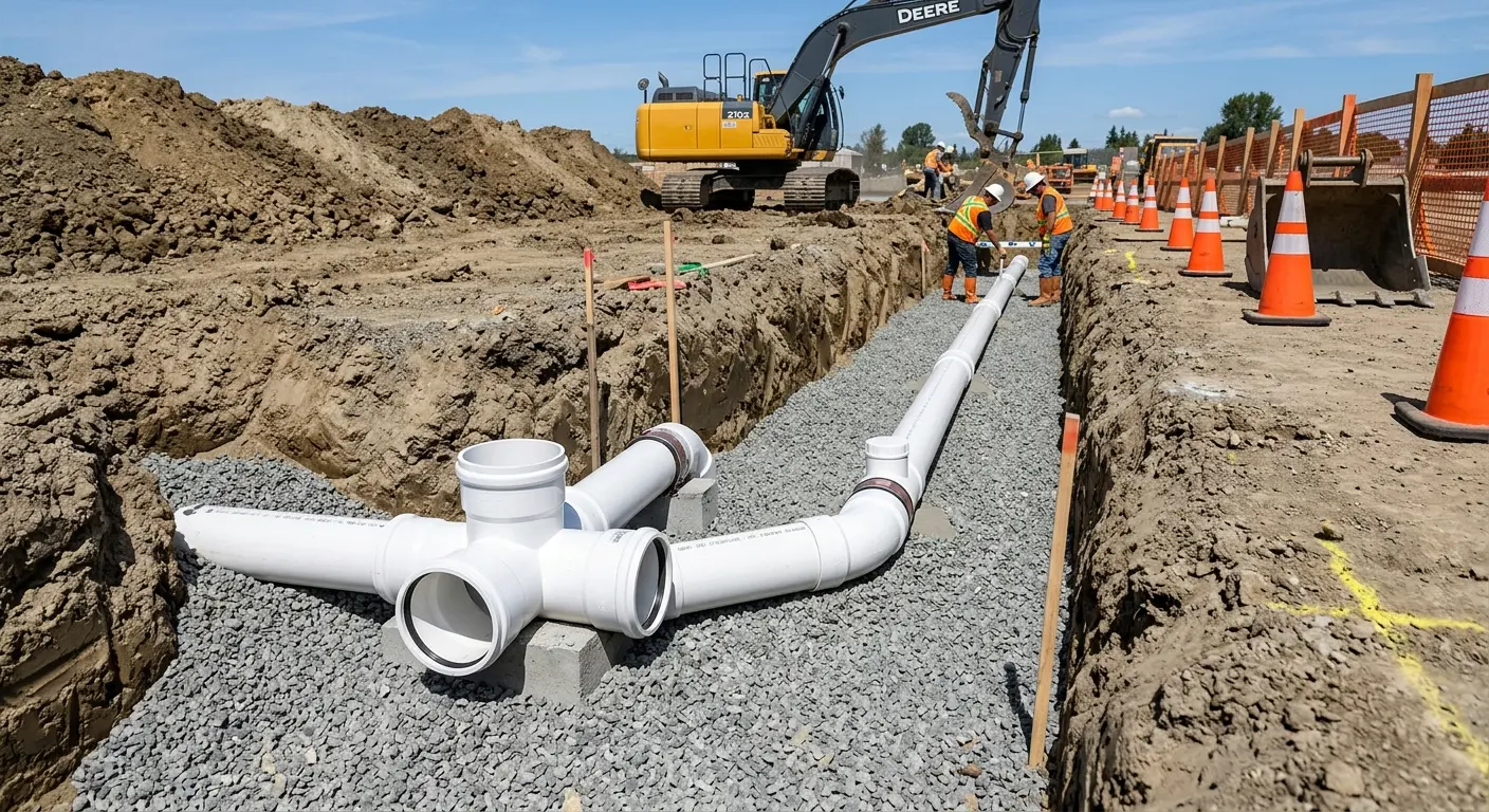New PVC sewer pipe installation in open trench for Sewer Backup in Elkhorn