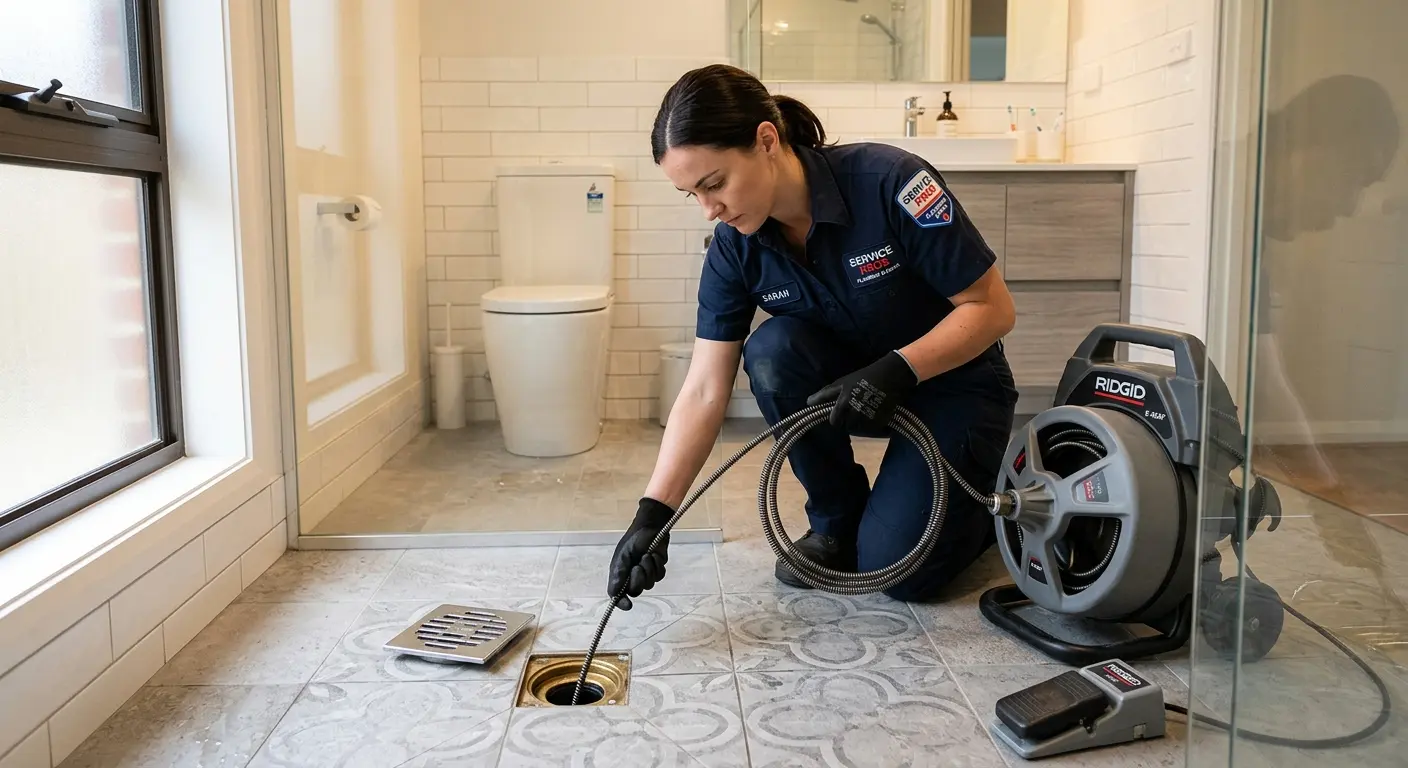 Technician clearing a bathroom floor drain for Drain Cleaning in Elkhorn